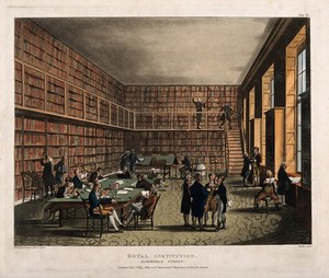 view The Royal Institution, Albemarle Street: the library. Coloured aquatint by J. C. Stadler, 1800, after A. C. Pugin and T. Rowlandson.