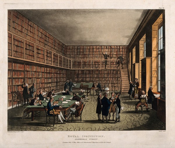The Royal Institution, Albemarle Street: the library. Coloured aquatint by J. C. Stadler, 1800, after A. C. Pugin and T. Rowlandson.