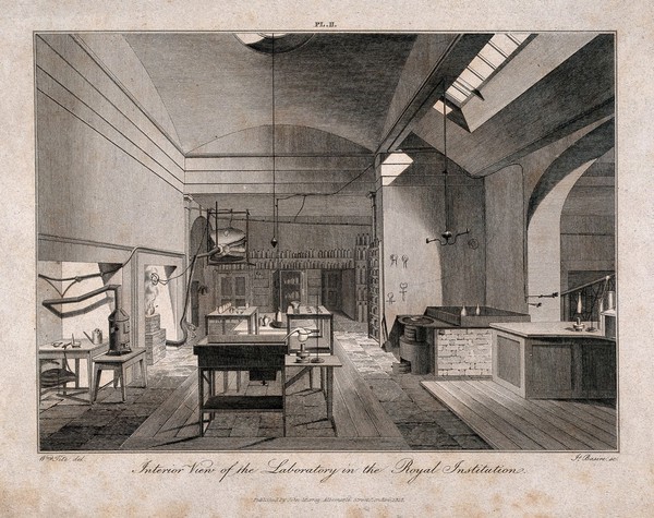 The Royal Institution, Albemarle Street: the laboratory. Engraving by J. Basire, 1818, after W. Tite.