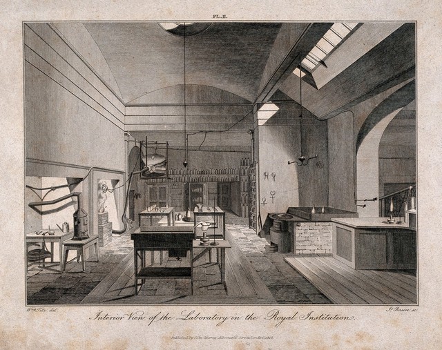 The Royal Institution, Albemarle Street: the laboratory. Engraving by J. Basire, 1818, after W. Tite.