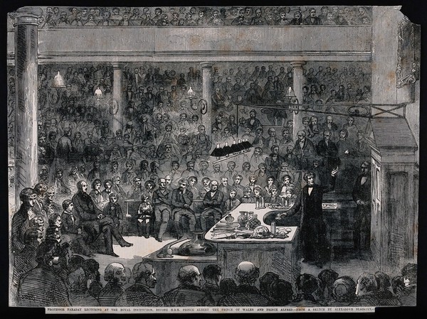 Michael Faraday lecturing at the Royal Institution: Prince Albert and his sons in the audience. Wood engraving, 1856, after A. Blaikley.