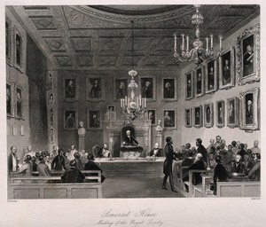 view A meeting of the Royal Society at Somerset House in the Strand. Engraving by H. S. Melville, 1844, after F. W. Fairholt, 1843.