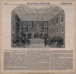 view A meeting of the Royal Society at Somerset House in the Strand. Wood engraving, 1843, after F. W. Fairholt.