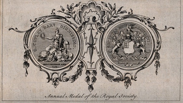 The Copley medal of the Royal Society, as presented to Benjamin Franklin: left obverse, right reverse, with a decorative surround. Engraving, later than 1753.