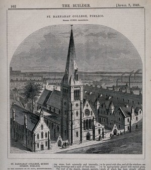 view St. Barnabas' College, Pimlico. Wood engraving by C. D. Laing after B. Sly, 1849.