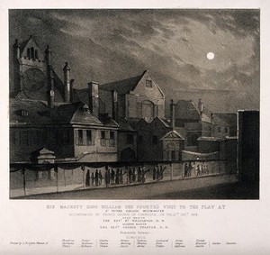 view St. Peter's College, Westminster: a Royal procession by night. Lithograph, 1834.