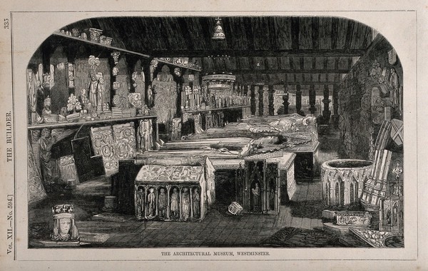 A collection of architectural fragments, called the Architectural Museum, in the loft of a building at Cannon Row, Westminster. Wood engraving by C. W. Sheeres after J. Brown, 1854.