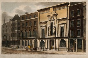 view Bullock's Museum, (Egyptian Hall or London Museum), Piccadilly. Coloured aquatint, attributed to T. H. Shepherd, 1815.