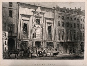 view Bullock's Museum, (Egyptian Hall or London Museum), Piccadilly. Engraving by A. H. Payne, 1847, after T. H. Shepherd.