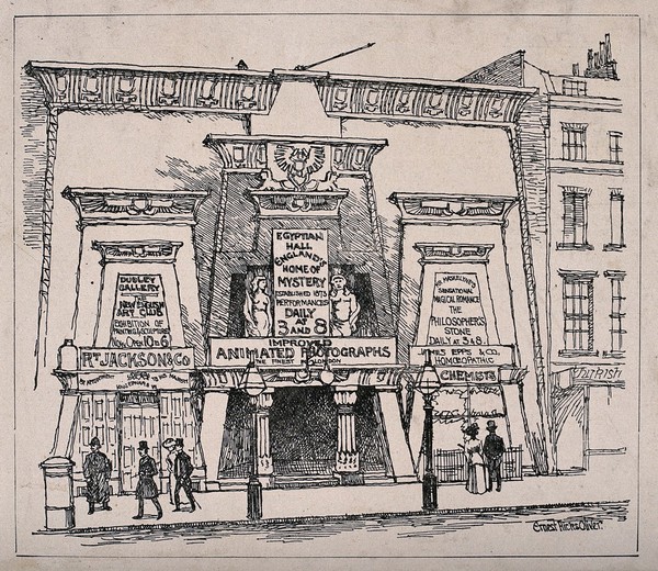 Bullock's Museum, (Egyptian Hall or London Museum), Piccadilly: at the end of its life, in use as a kinematograph. Reproduction of a drawing by E. H. Oliver, [c.1905].