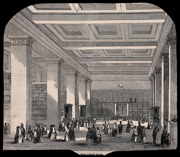 The British Museum: the Large Room (North  Library), with many visitors. Wood engraving, 1851.