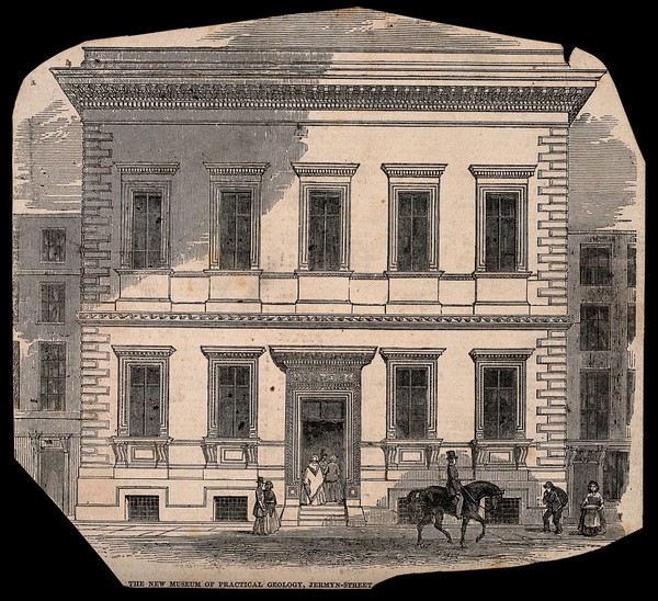 The Museum of Practical Geology, Piccadilly: the entrance facade in Jermyn Street. Wood engraving, c.1851.