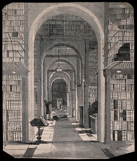 The British Museum: the Arch Room of the library, in the north wing of the museum, west end. Wood engraving, 1851.