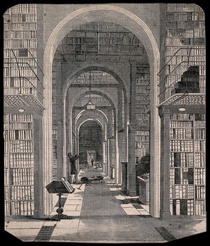 view The British Museum: the Arch Room of the library, in the north wing of the museum, west end. Wood engraving, 1851.