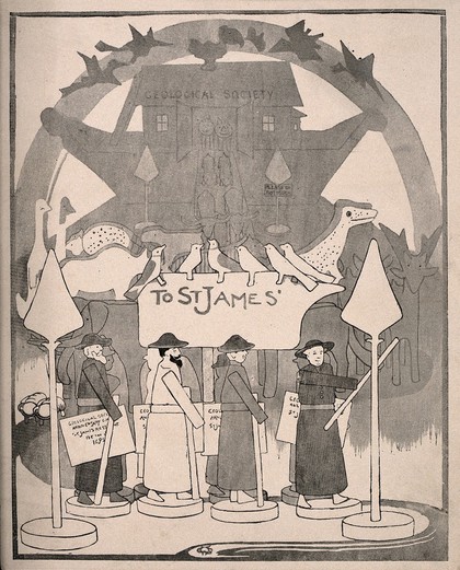 Part of a menu card (?) for the Geological Society: four toy figures in the foreground, Noah's Ark in the background. Process print after C.W. Sherborn.