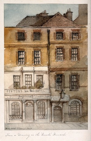 view The Medical Cold Baths, and Fenton's Hotel, St. James's Street, London. Watercolour attributed to T. C. Dibdin.