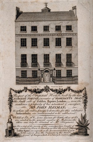 view Surgeon John Norton's House, Golden Square, London, (top) and an advertisement for "his assistant & successor" John Hayman. Engraving by Long, 1786.