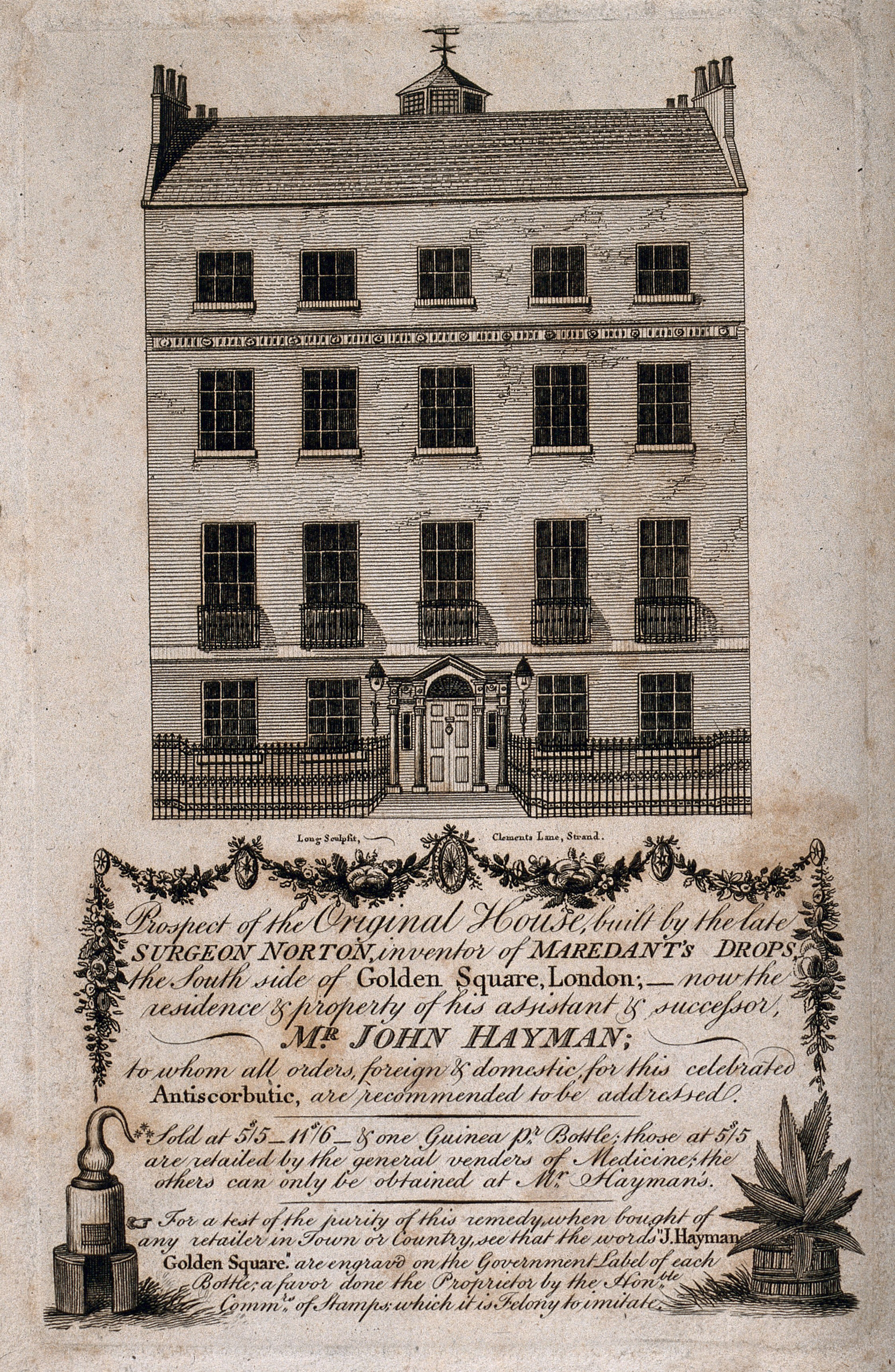Surgeon John Norton's House, Golden Square, London, (top) and an advertisement for "his assistant & successor" John Hayman. Engraving by Long, 1786.