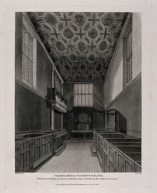 The Chapel Royal, St. James's Palace, London. Engraving by W. Wise after R. B. Schnebbelie, 1816.