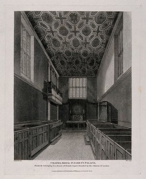 view The Chapel Royal, St. James's Palace, London. Engraving by W. Wise after R. B. Schnebbelie, 1816.