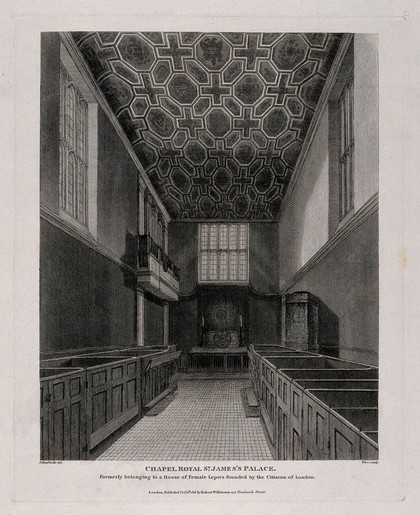 The Chapel Royal, St. James's Palace, London. Engraving by W. Wise after R. B. Schnebbelie, 1816.