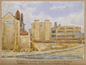 view William Hunter's house, and the Windmill Street School of Medicine: seen from the south. Watercolour painting by G.F.B.