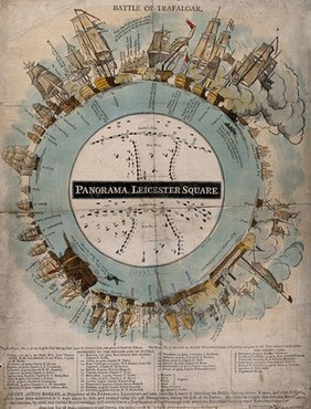 An advertisement for the Panorama, Leicester Square, London: showing the battle of Trafalgar. Coloured engraving by Lane, 1806, after H. A. Barker.