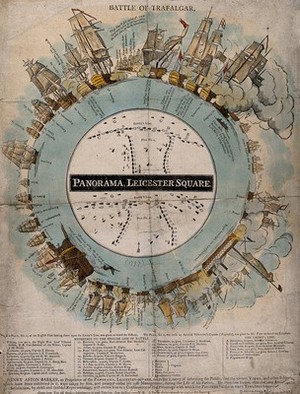 view An advertisement for the Panorama, Leicester Square, London: showing the battle of Trafalgar. Coloured engraving by Lane, 1806, after H. A. Barker.