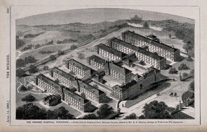 view The Herbert Military Hospital, Woolwich: the silhouette of the Crystal Palace visible on the horizon. Wood engraving by T. Heaviside after B. Sly, 1866.