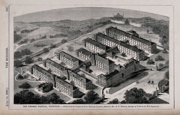The Herbert Military Hospital, Woolwich: the silhouette of the Crystal Palace visible on the horizon. Wood engraving by T. Heaviside after B. Sly, 1866.