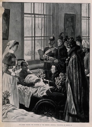 Boer War: Queen Victoria presenting flowers to a wounded soldier during a visit to the Herbert hospital, Woolwich. Halftone after S. Begg, 1900.