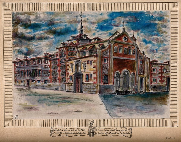 Monastery of the Royal Military Spanish Order of Mercy, Madrid, Spain: with coat of arms. Coloured pen and ink drawing.