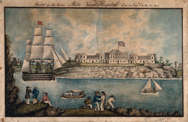 Malta: Royal Naval Hospital or Bighi Hospital, with sailors dancing on the shore. Coloured pen and ink drawing by J. Parker, 1843, after C.F. de Brocktorff, ca. 1819 (?).