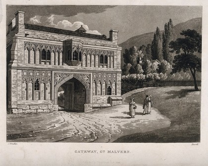 Great Malvern, Worcestershire: gateway. Aquatint by Havell after J. Bradley.