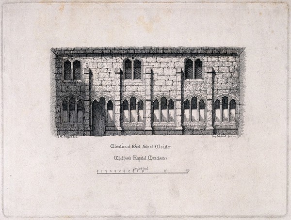 Chetham's Hospital, Manchester, England: with west side of cloisters, and a scale. Etching by P. Cruikshank after I.C. Gregan.