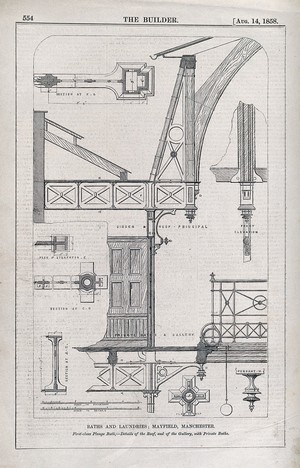 view Baths and laundries, Mayfield, Manchester, England: design drawings with scale and verbal key. Wood engraving, 1858.