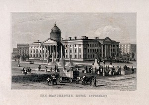 view Manchester Royal Infirmary, Manchester, England. Line engraving by W. Morton, ca. 1853/1857.