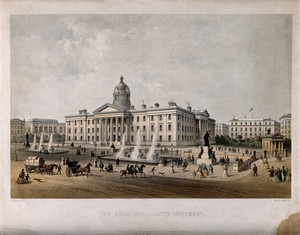 view Royal Manchester Infirmary, Manchester, England. Coloured lithograph by J. Arnout.