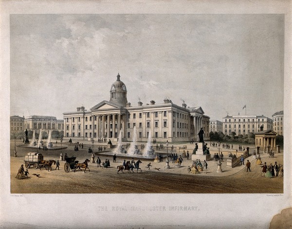 Royal Manchester Infirmary, Manchester, England. Coloured lithograph by J. Arnout.