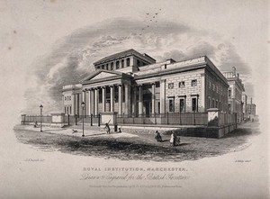 view Royal Institution, Manchester, England. Line engraving by A. Ashley after J.F. Burrell.