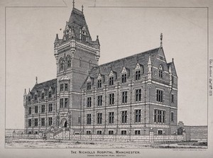 view Nicholls Hospital, Manchester, England. Transfer lithograph, 1879, after T. Worthington.