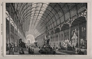 view Manchester Exhibition of Art treasures, Manchester, England: interior gallery. Wood engraving by W.E. Hodgkin, 1856, after B. Sly after E. Salomons.