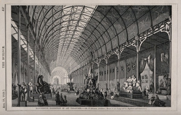 Manchester Exhibition of Art treasures, Manchester, England: interior gallery. Wood engraving by W.E. Hodgkin, 1856, after B. Sly after E. Salomons.