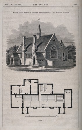 Mansel Lacy National Schools, Herefordshire, England: with a floor plan. Wood engraving by Laing after Nicholson.