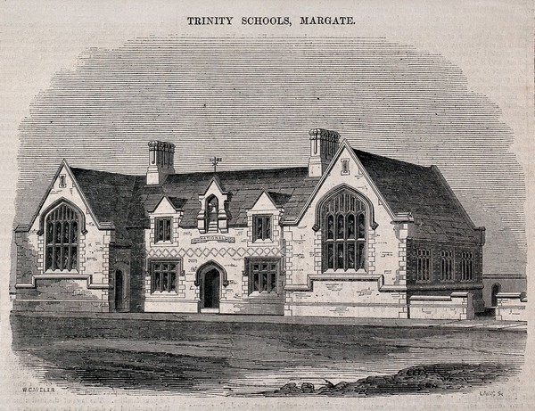Trinity Schools, Margate, Kent. Wood engraving by Laing, 1850, after W. Caveller.