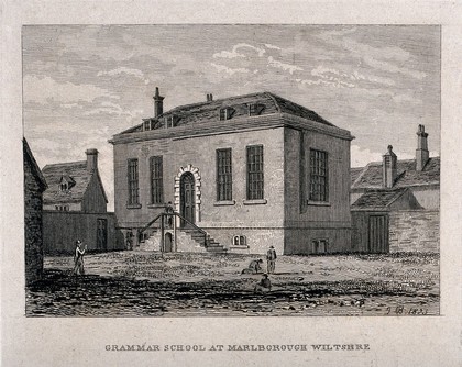 Grammar School, Marlborough, Wiltshire. Etching by J.B., 1823.