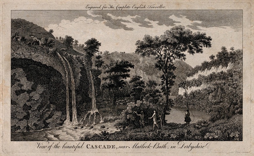 Waterfall, Matlock Bath, Derbyshire. Line engraving.