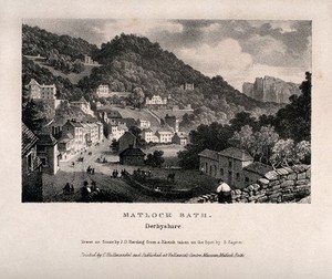 view Matlock Baths, Derbyshire. Lithograph by J.D. Harding after S. Rayner.