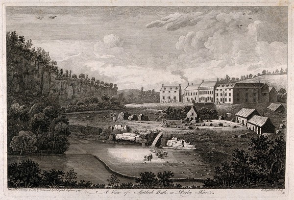 Matlock Bath, Derbyshire: women washing clothes. Line engraving by J. Boydell, 1749.