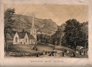 view Matlock Bath Church, Derbyshire. Tinted lithograph by S. Rayner.